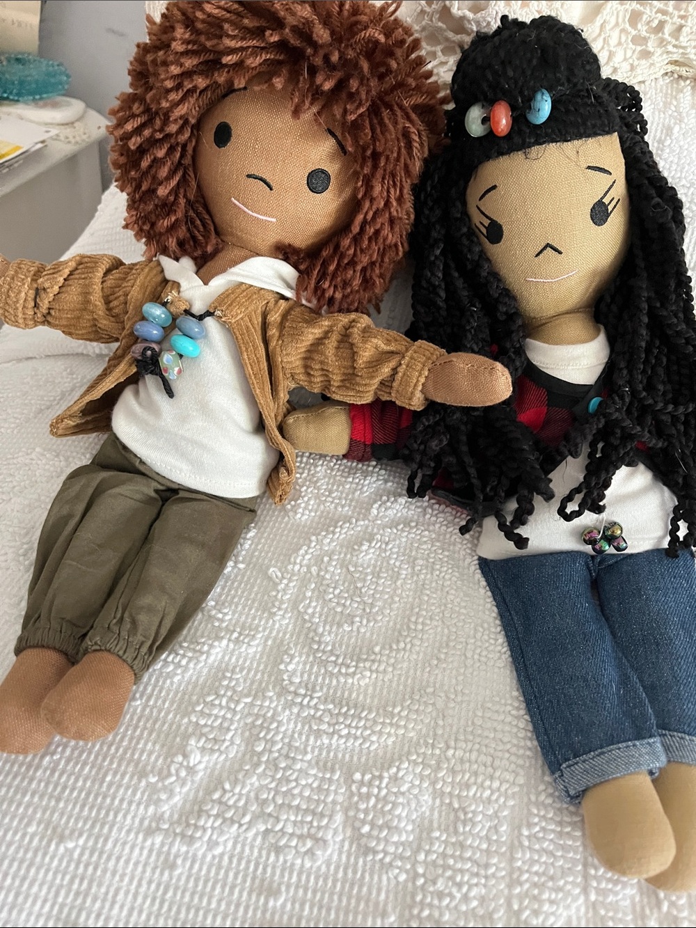 Handmade Plush Rag Dolls - Neutral Brown & Black Hair